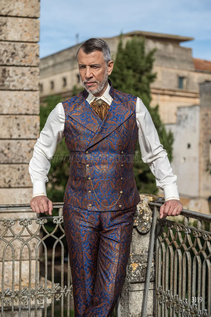 Baroque mandarin collar frock coat suit in blue and gold brocade 4