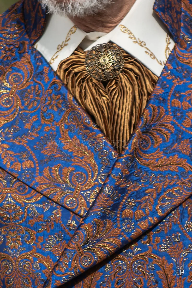 Baroque mandarin collar frock coat suit in blue and gold brocade 5