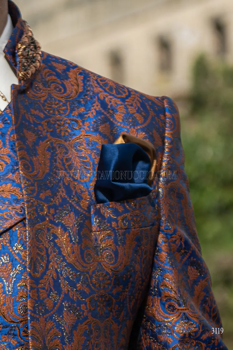 Baroque mandarin collar frock coat suit in blue and gold brocade 6