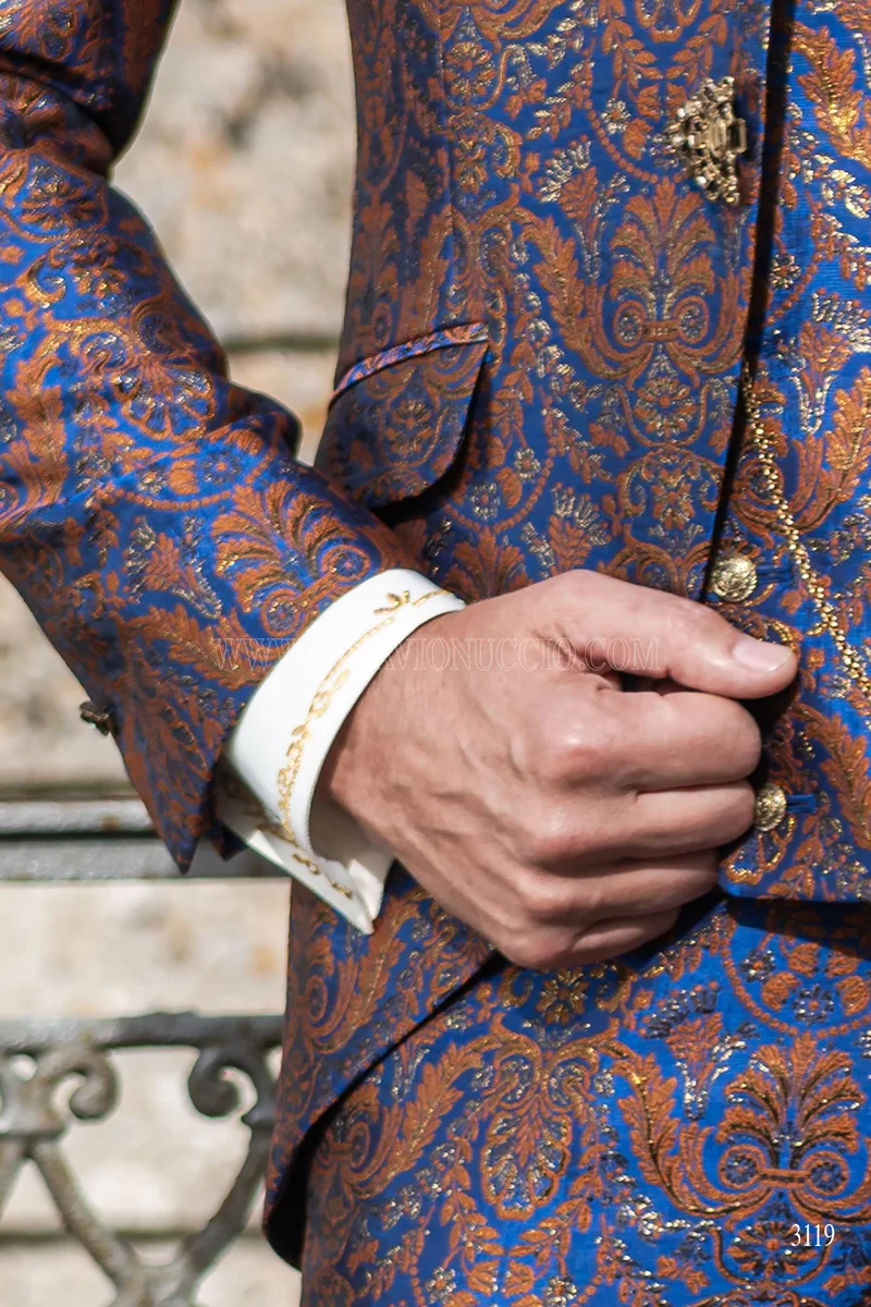 Baroque mandarin collar frock coat suit in blue and gold brocade 7