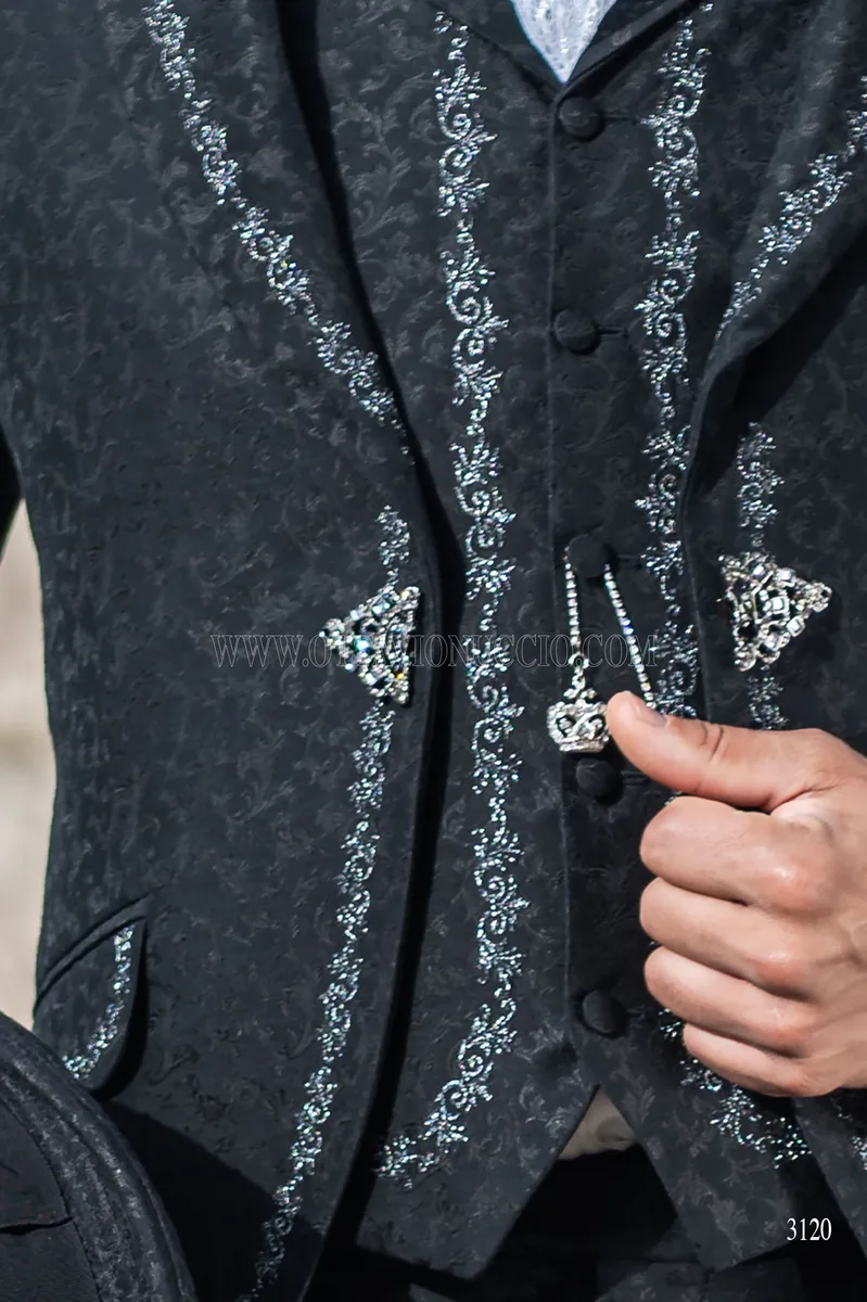 Gilet damascato nero con ricamo nero-argento