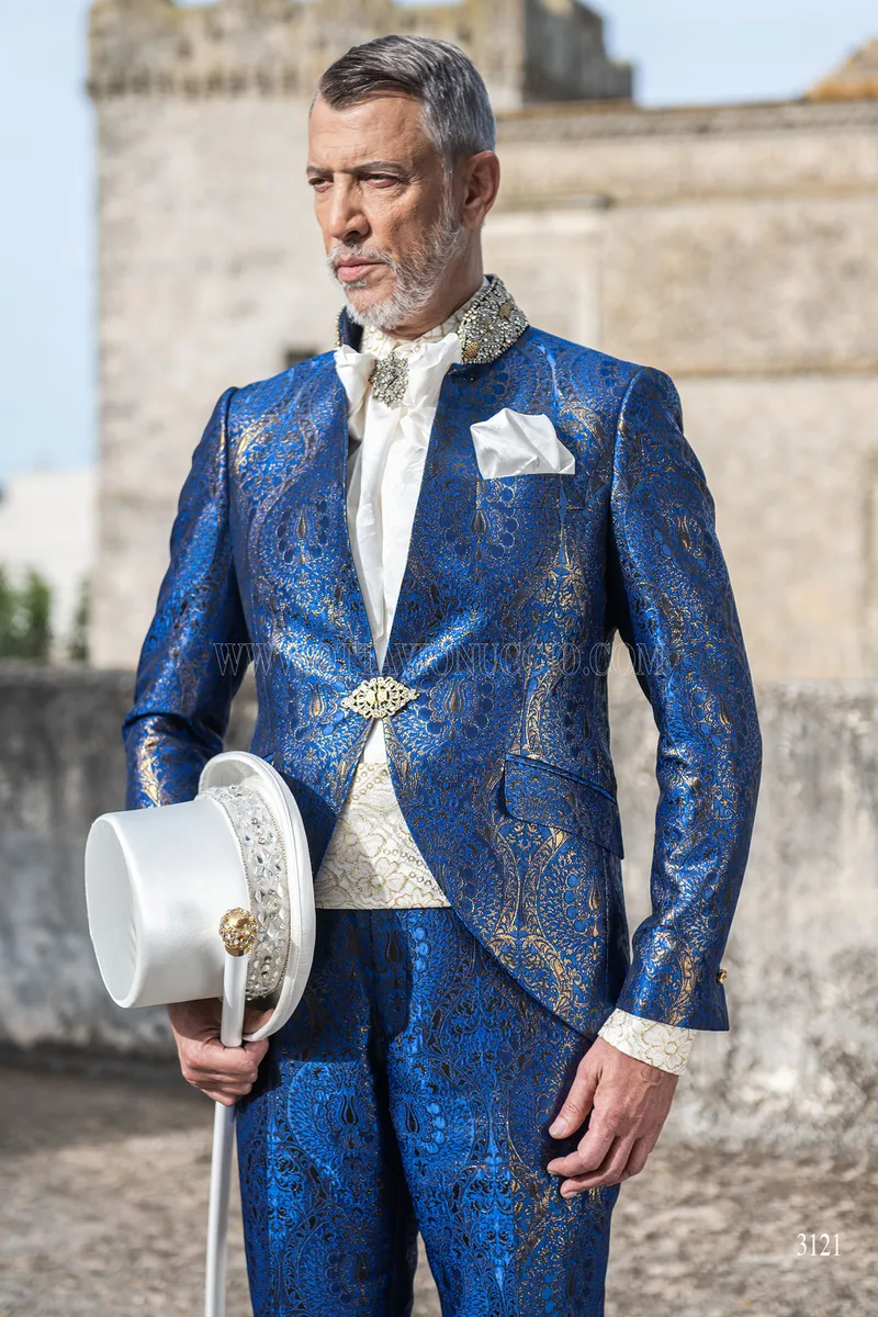 Groom suit with mandarin collar in blue and gold brocade with trimming 1