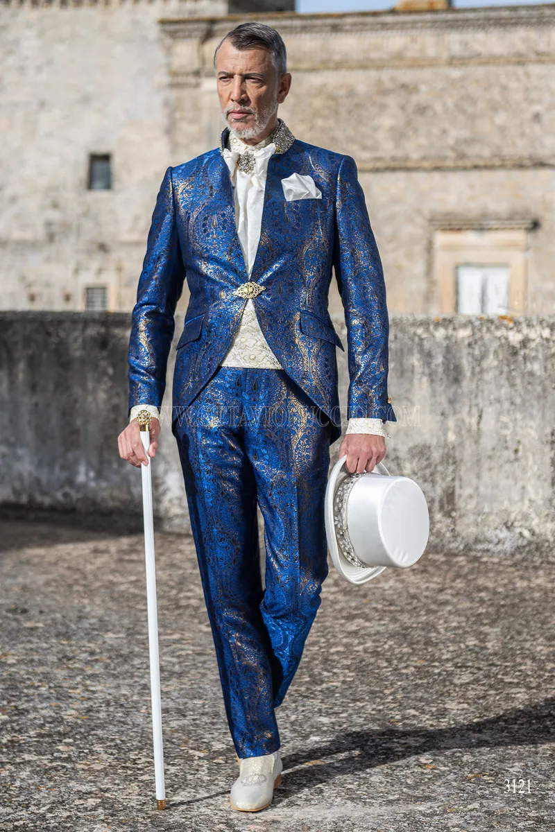 Groom suit with mandarin collar in blue and gold brocade with trimming 2