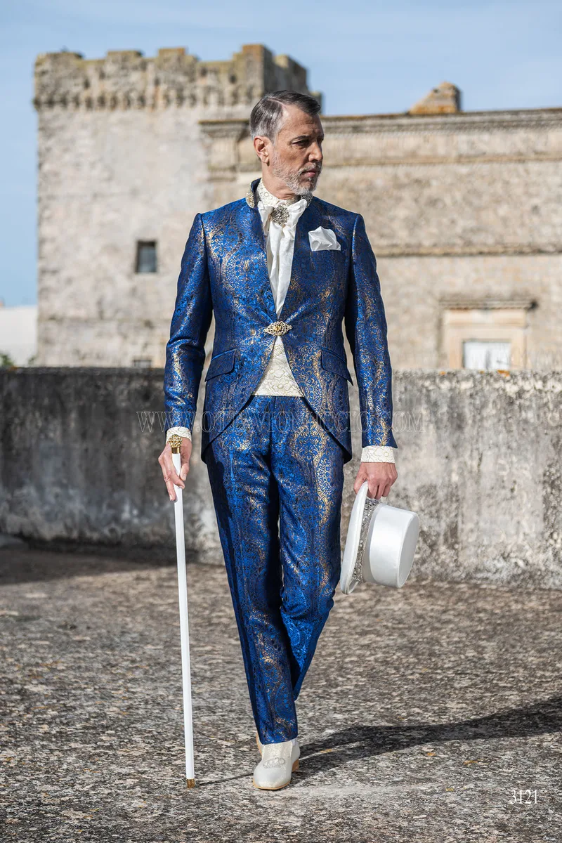 Groom suit with mandarin collar in blue and gold brocade with trimming 3