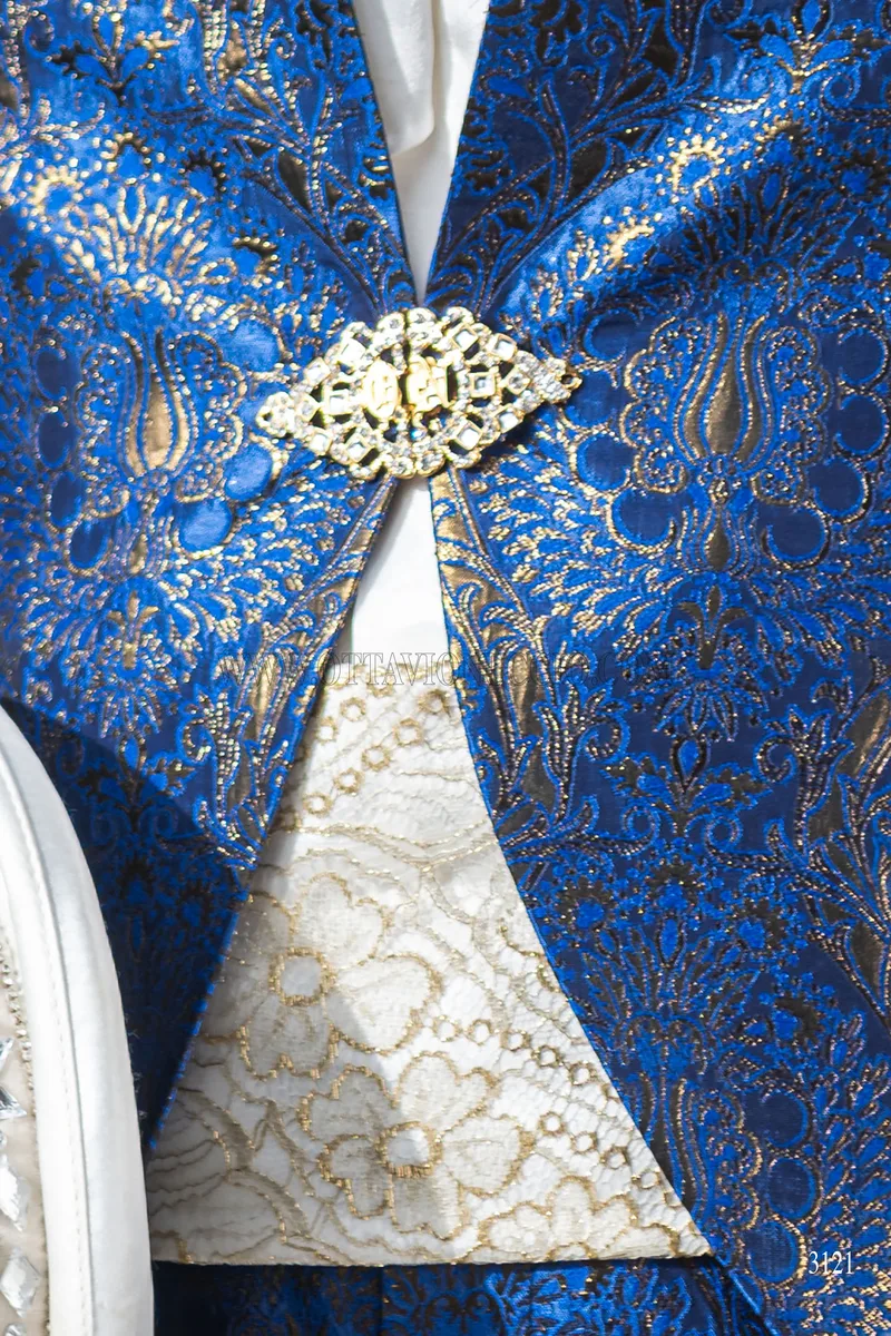 Groom suit with mandarin collar in blue and gold brocade with trimming 4