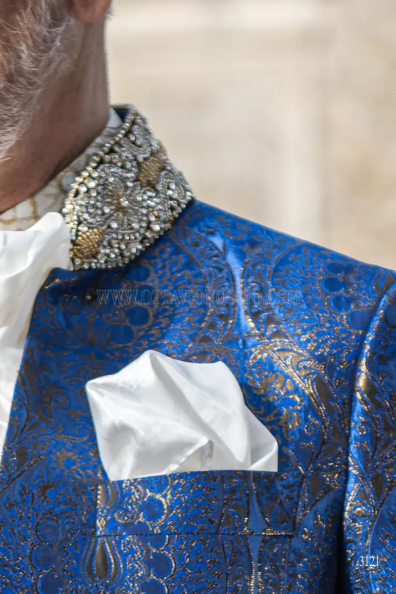Groom suit with mandarin collar in blue and gold brocade with trimming 6