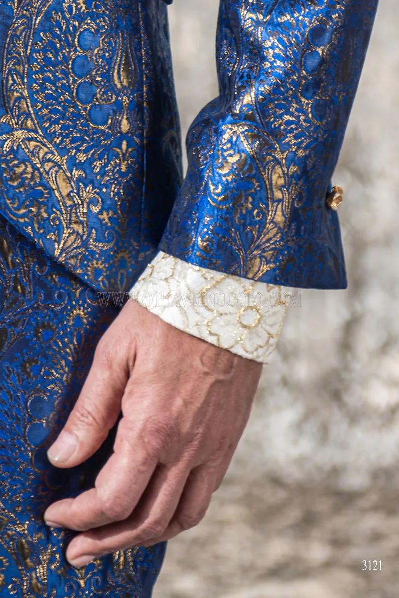 Groom suit with mandarin collar in blue and gold brocade with trimming 7