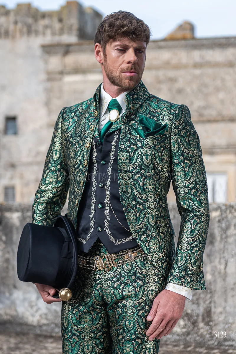 Baroque groom suit in green and gold brocade with Napoleon collar 1