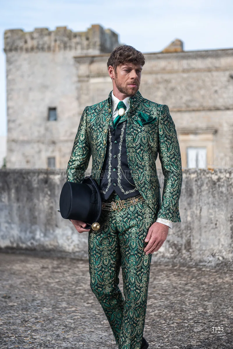 Baroque groom suit in green and gold brocade with Napoleon collar 2