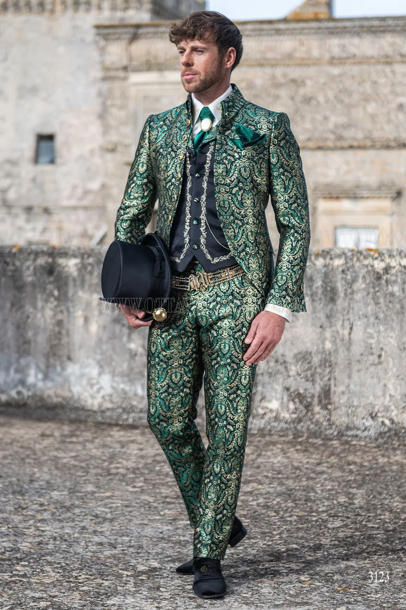 Baroque groom suit in green and gold brocade with Napoleon collar 3