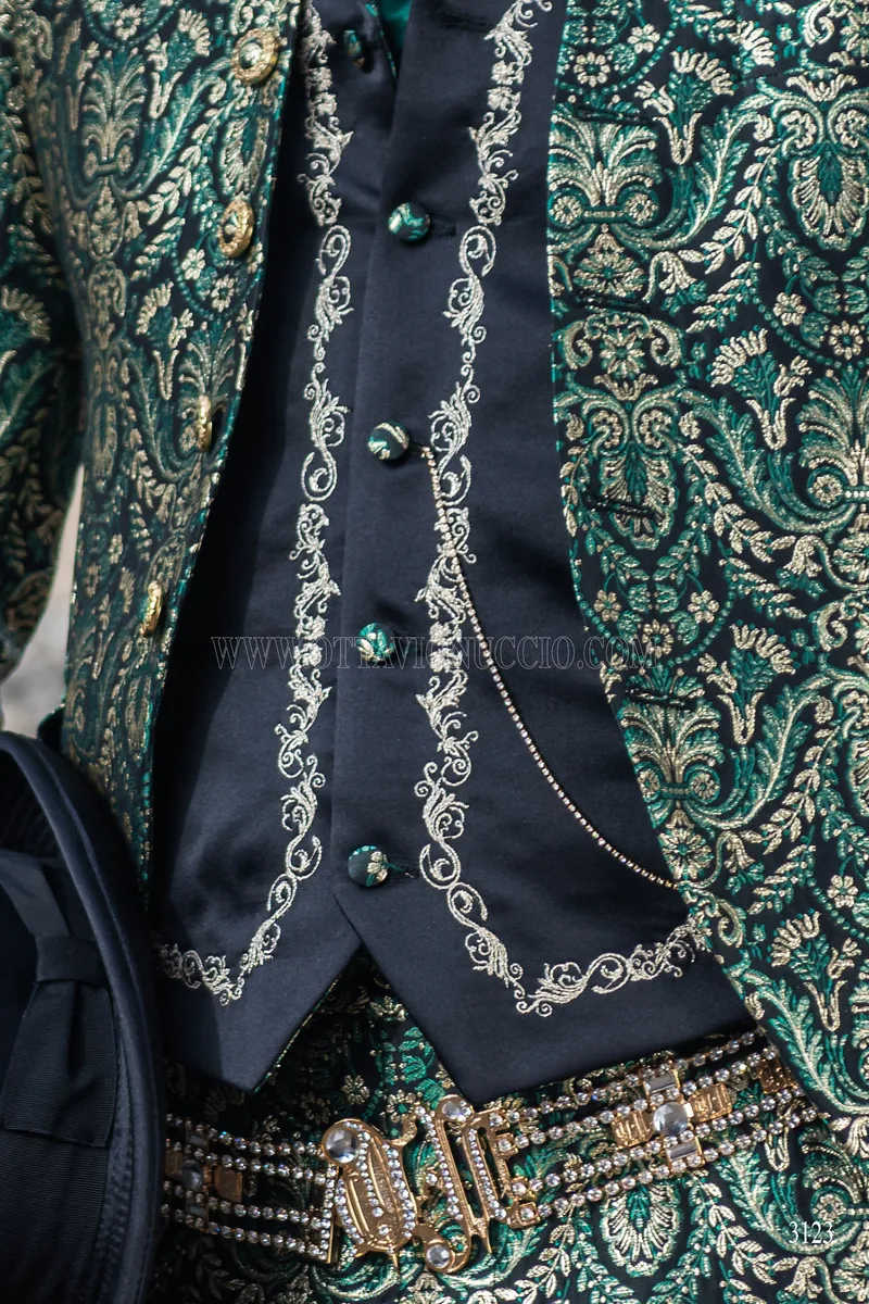 Baroque groom suit in green and gold brocade with Napoleon collar 4