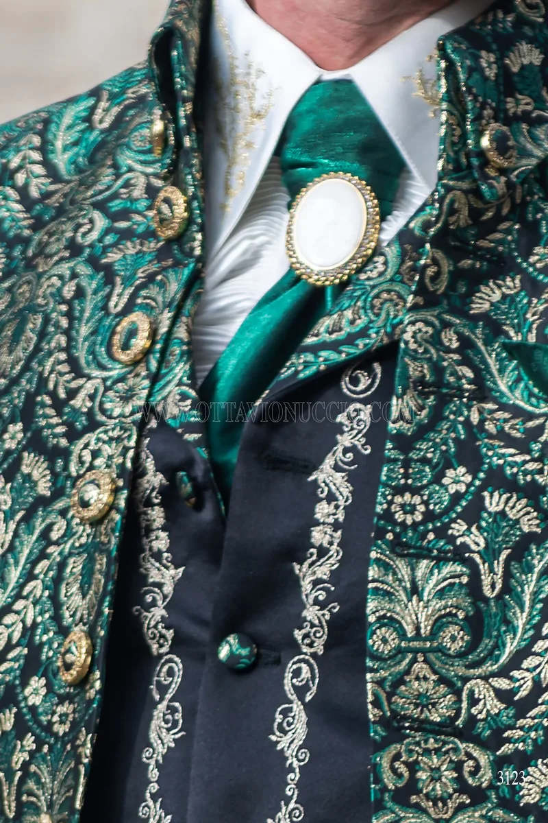 Baroque groom suit in green and gold brocade with Napoleon collar 5