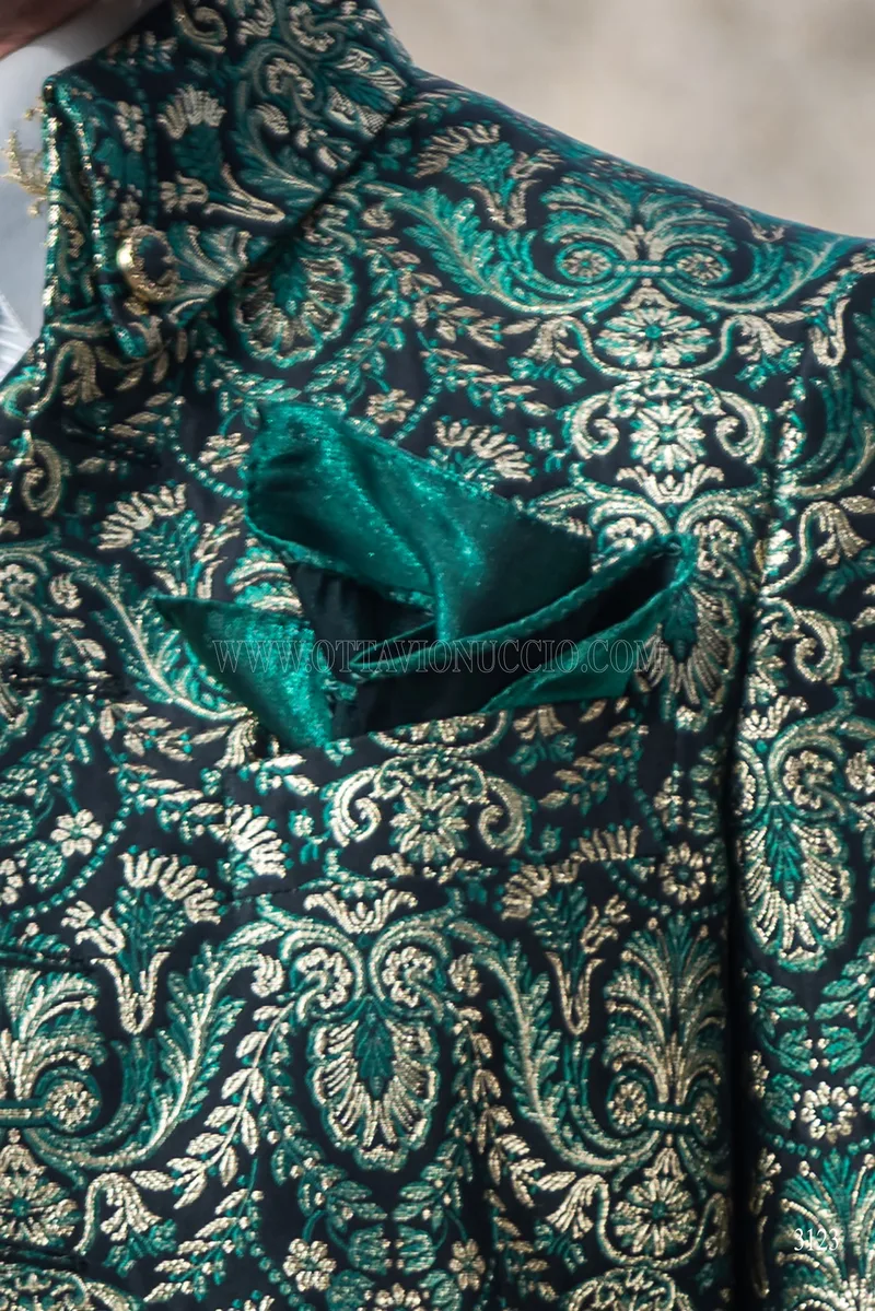 Baroque groom suit in green and gold brocade with Napoleon collar 6