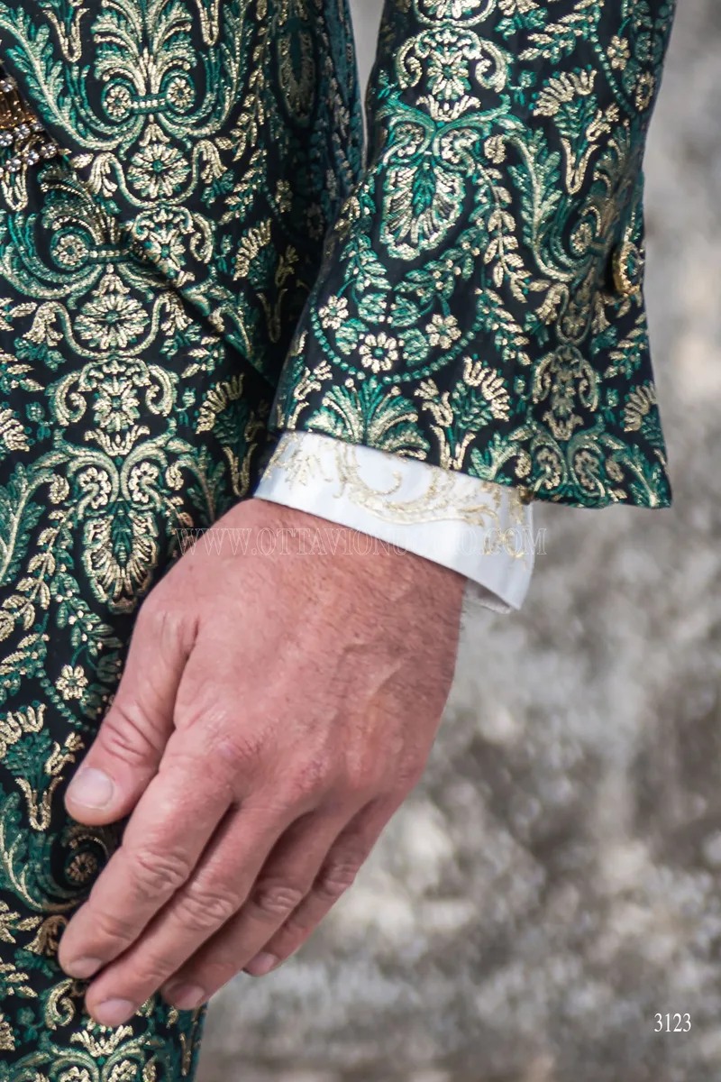 Baroque groom suit in green and gold brocade with Napoleon collar 7