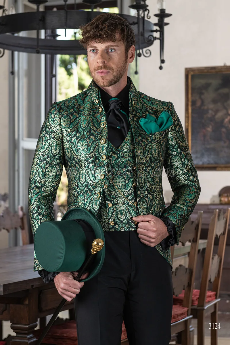 Gothic groom suit in green and gold brocade with Napoleon collar 1