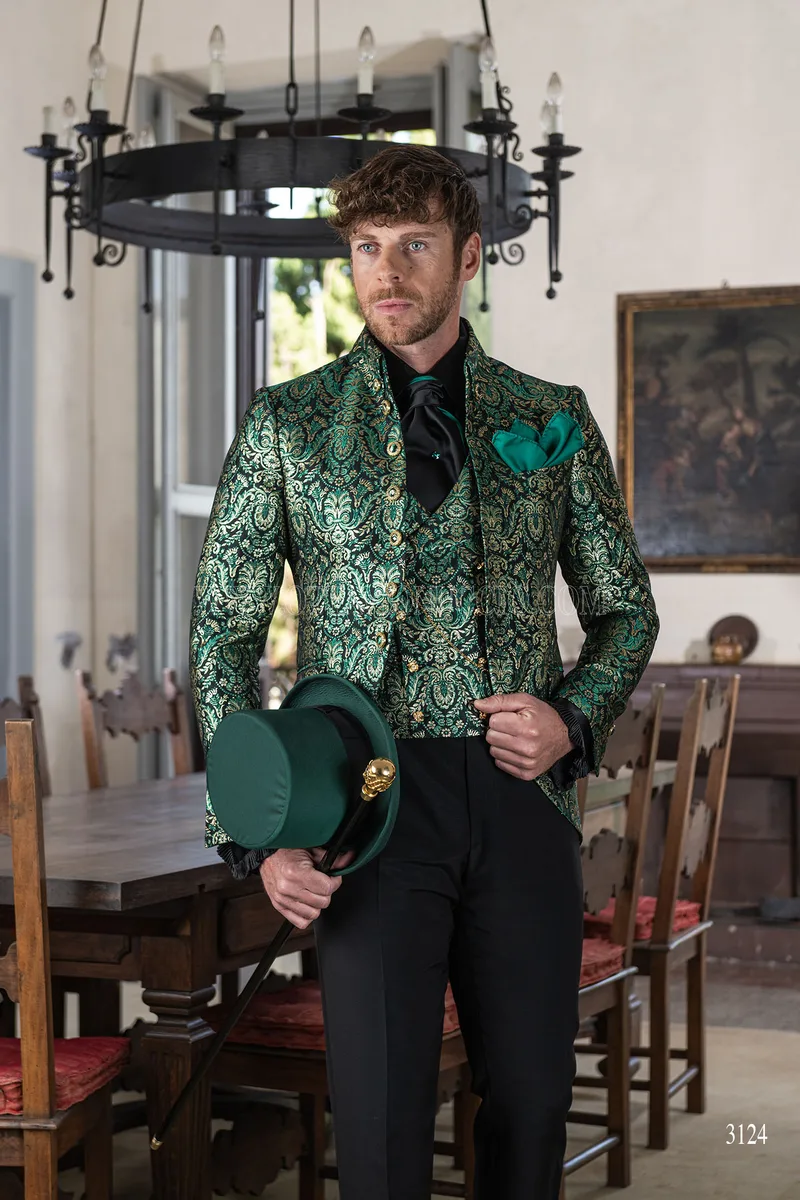 Gothic groom suit in green and gold brocade with Napoleon collar 2