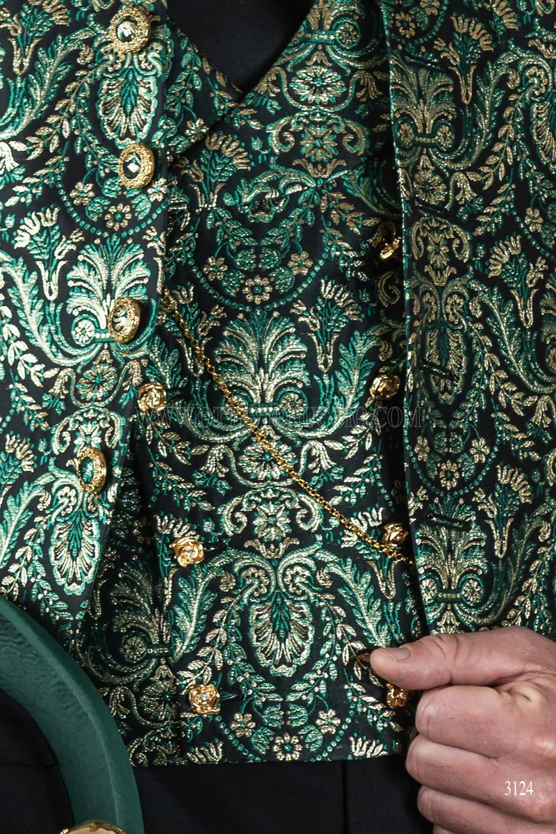 Gothic groom suit in green and gold brocade with Napoleon collar 4