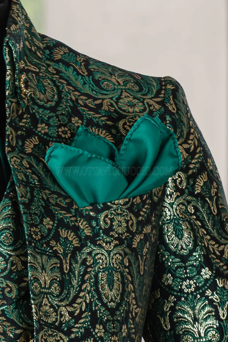 Gothic groom suit in green and gold brocade with Napoleon collar 6