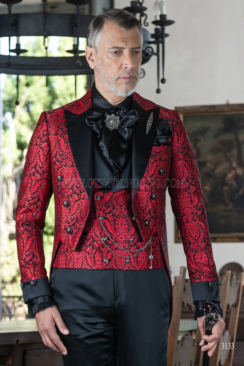Men's gothic tailcoat in red floral brocade 1