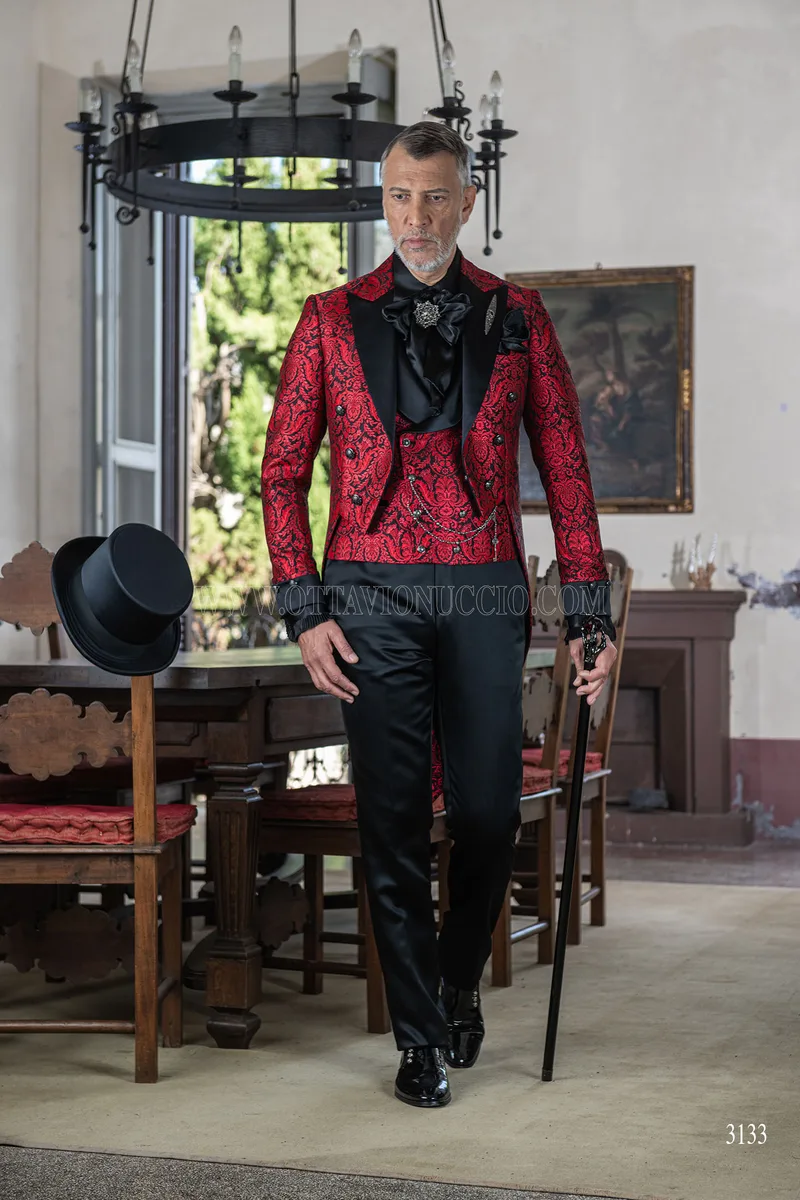 Men's gothic tailcoat in red floral brocade 2