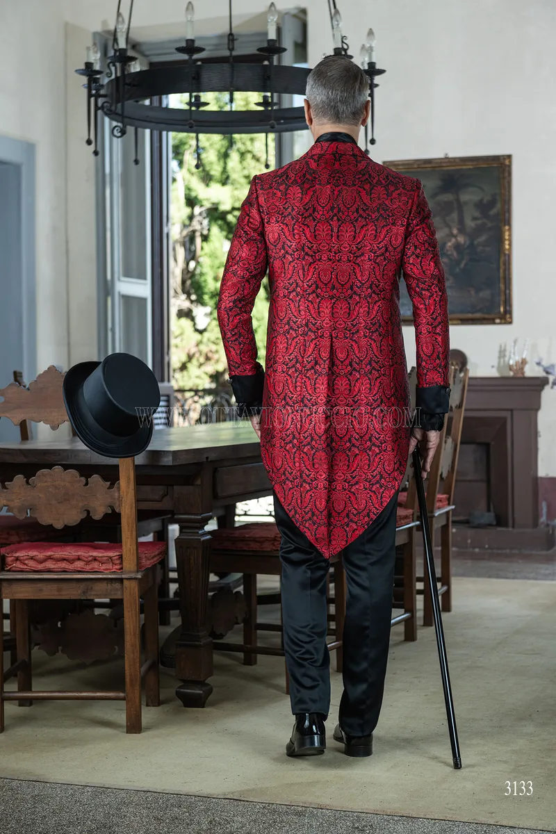 Men's gothic tailcoat in red floral brocade 3