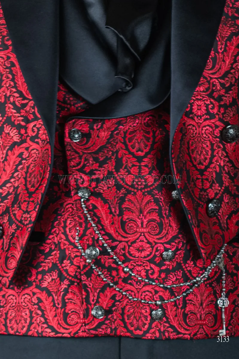 Men's gothic tailcoat in red floral brocade 4