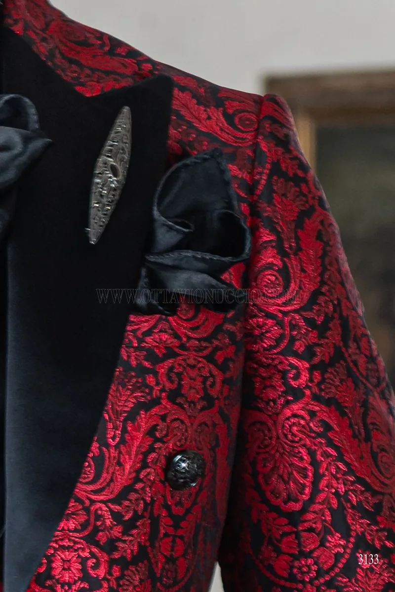 Men's gothic tailcoat in red floral brocade 6
