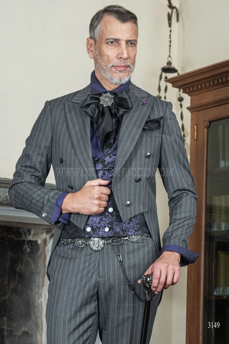 Men's steampunk groom tailcoat in grey pinstripe 1