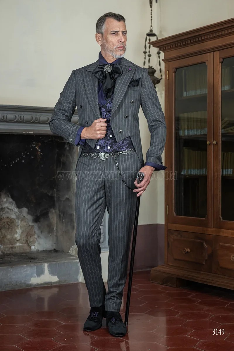 Men's steampunk groom tailcoat in grey pinstripe 2
