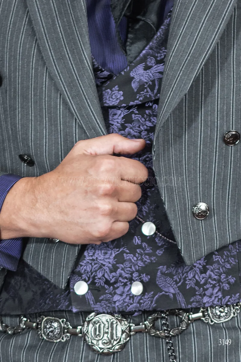 Men's steampunk groom tailcoat in grey pinstripe 3