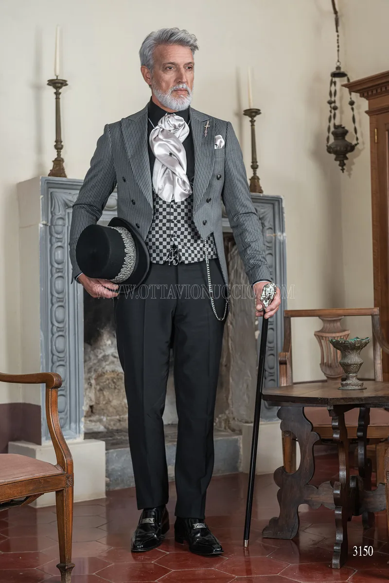Men's steampunk groom tailcoat in grey pinstripe with black trousers 1
