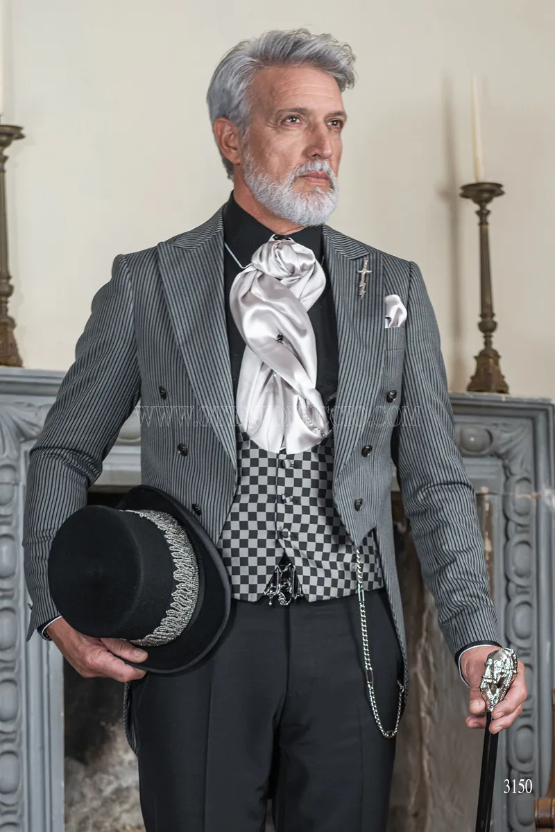 Men's steampunk groom tailcoat in grey pinstripe with black trousers 2
