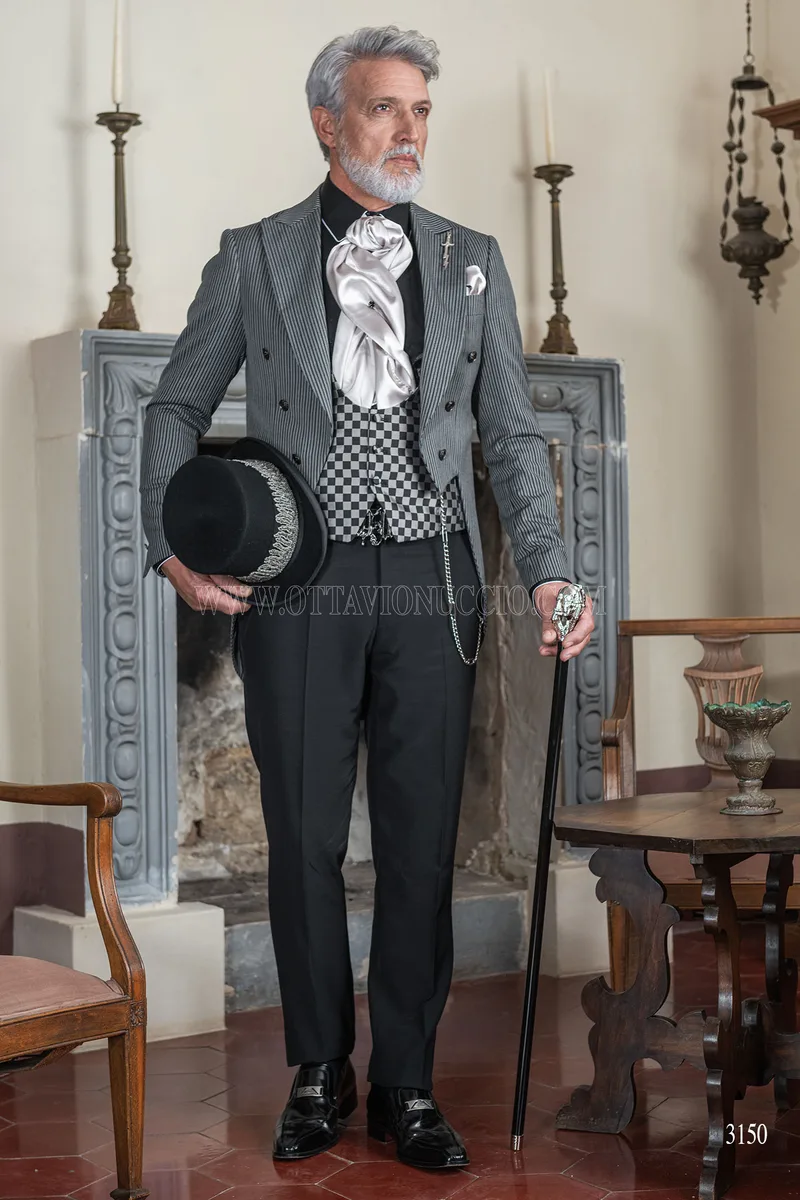 Men's steampunk groom tailcoat in grey pinstripe with black trousers 3