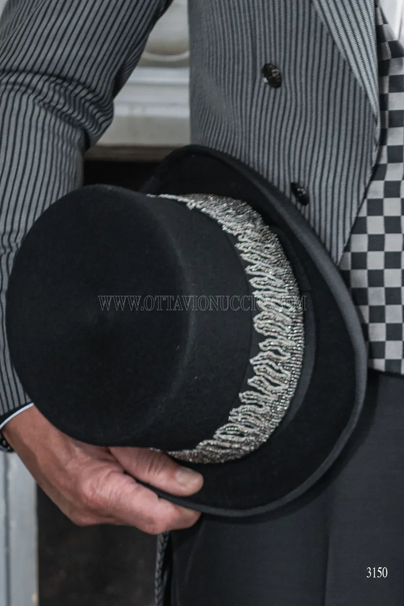Men's steampunk groom tailcoat in grey pinstripe with black trousers 7