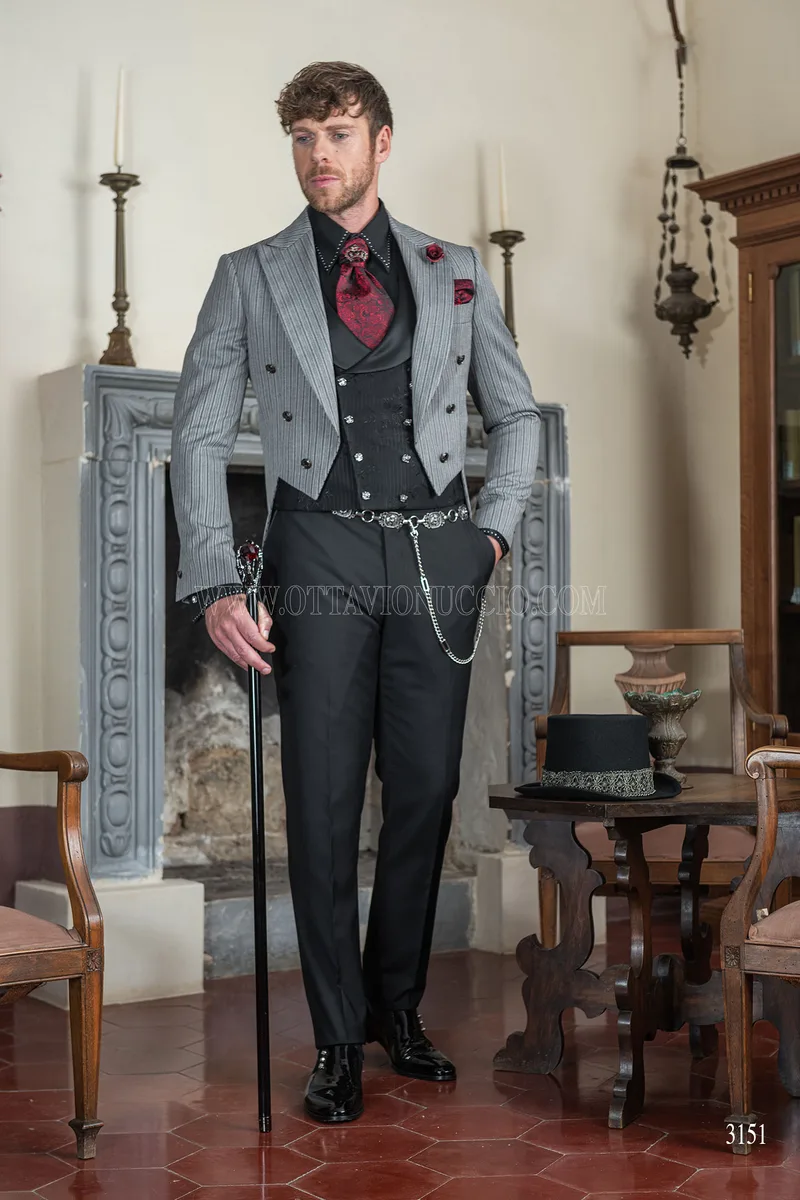Men's gothic steampunk groom tailcoat in grey pinstripe 2