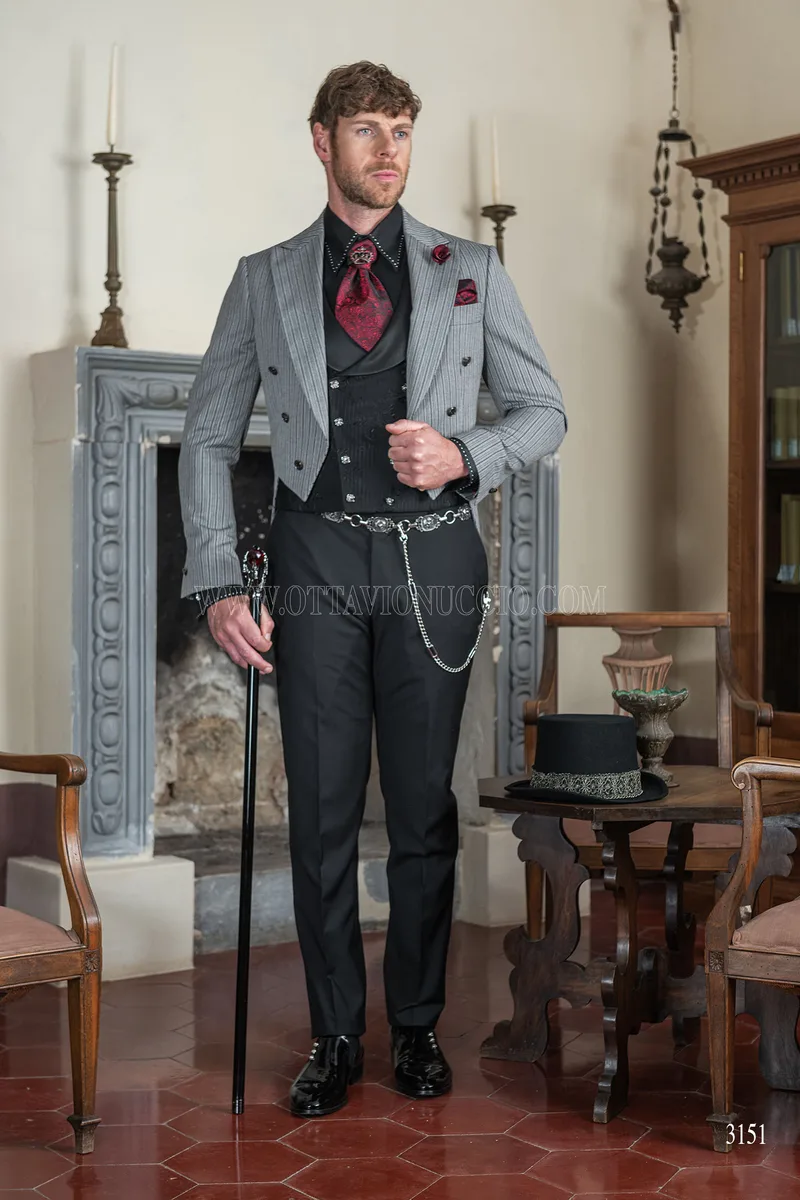 Men's gothic steampunk groom tailcoat in grey pinstripe 3