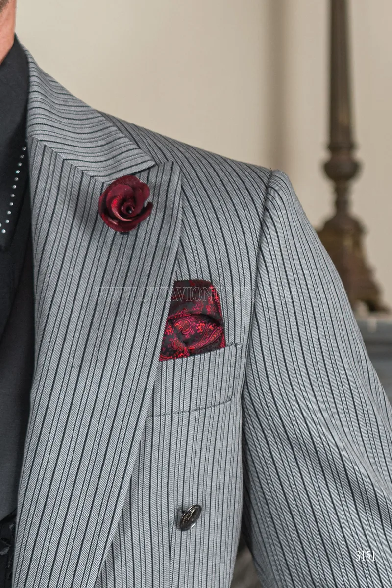 Men's gothic steampunk groom tailcoat in grey pinstripe 6