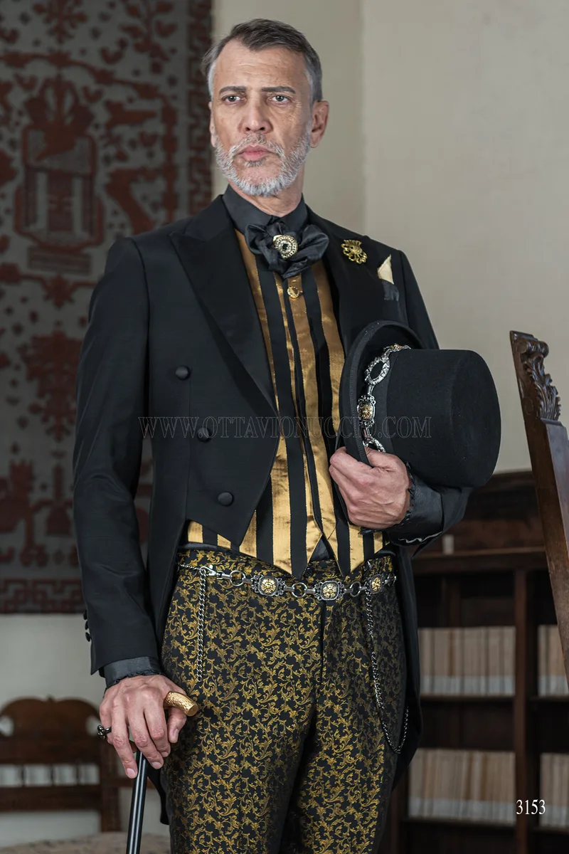 Men's black steampunk style groom tailcoat with black and gold damask trousers 1
