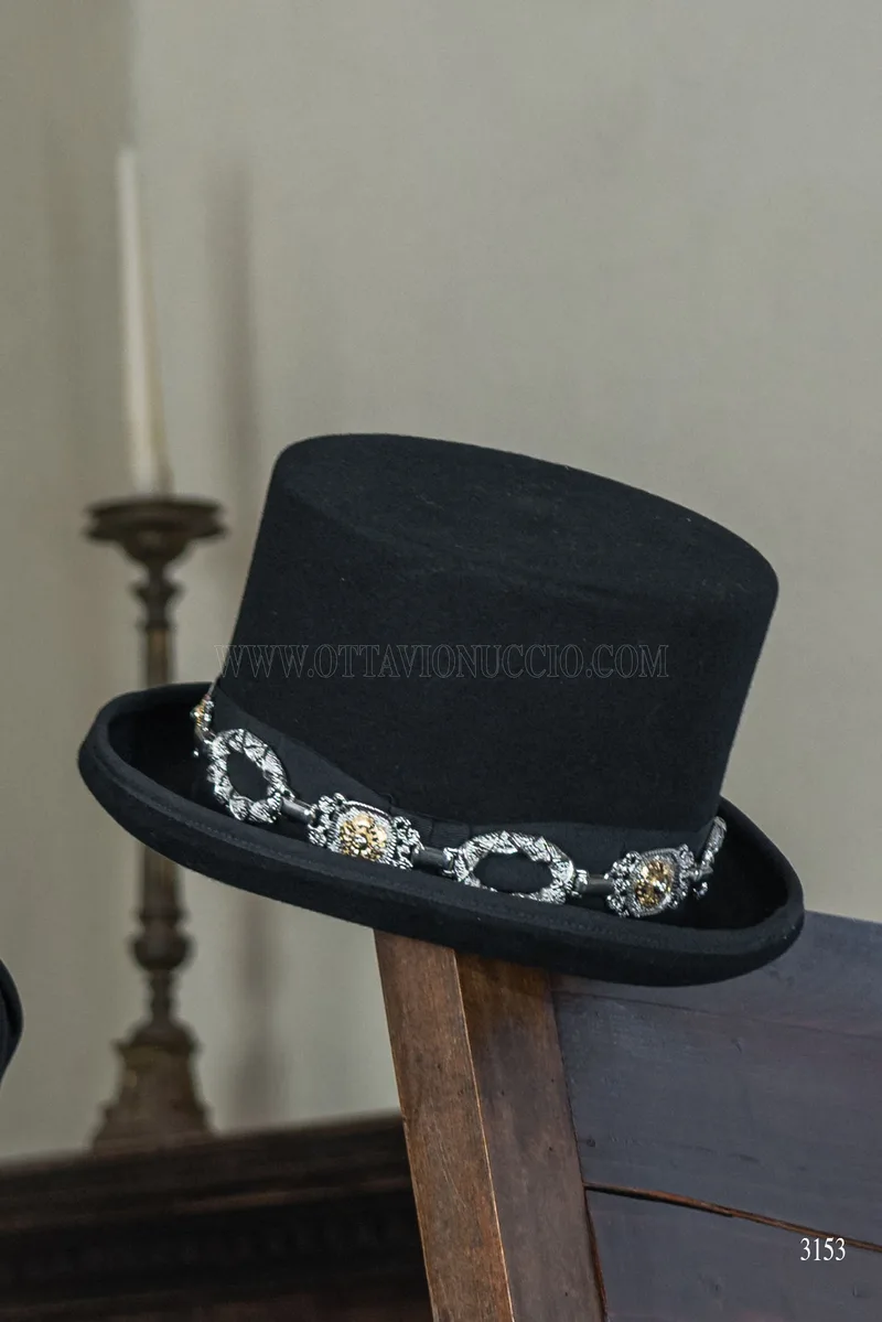 Men's black steampunk style groom tailcoat with black and gold damask trousers 10