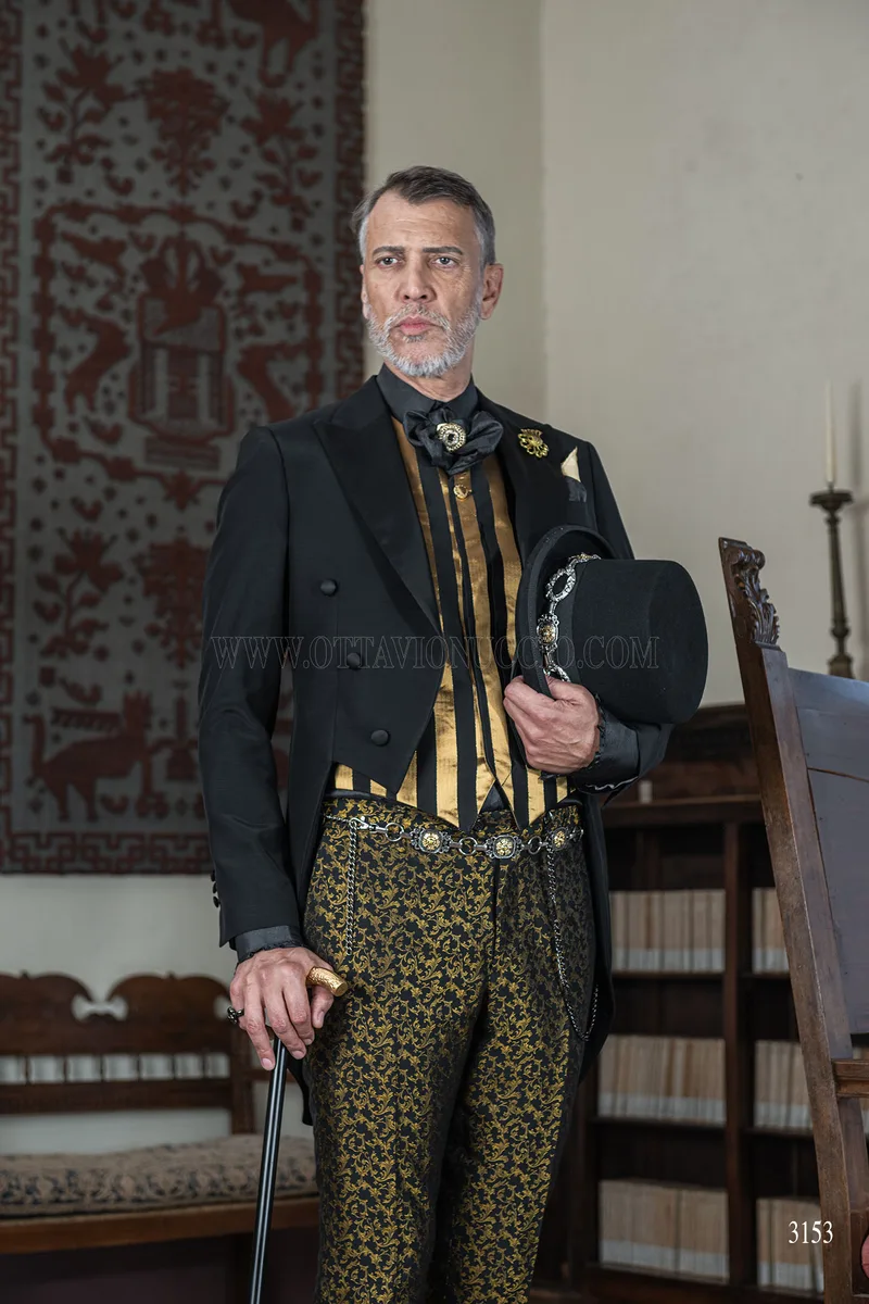 Men's black steampunk style groom tailcoat with black and gold damask trousers 3