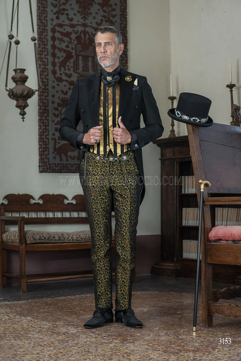 Men's black steampunk style groom tailcoat with black and gold damask trousers 4