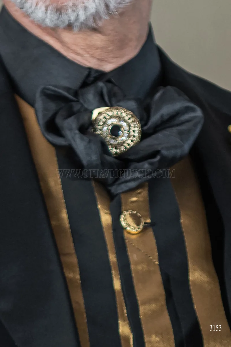 Men's black steampunk style groom tailcoat with black and gold damask trousers 6