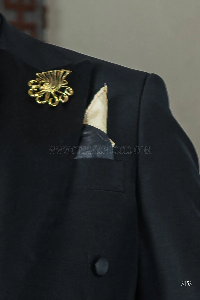 Men's black steampunk style groom tailcoat with black and gold damask trousers 7