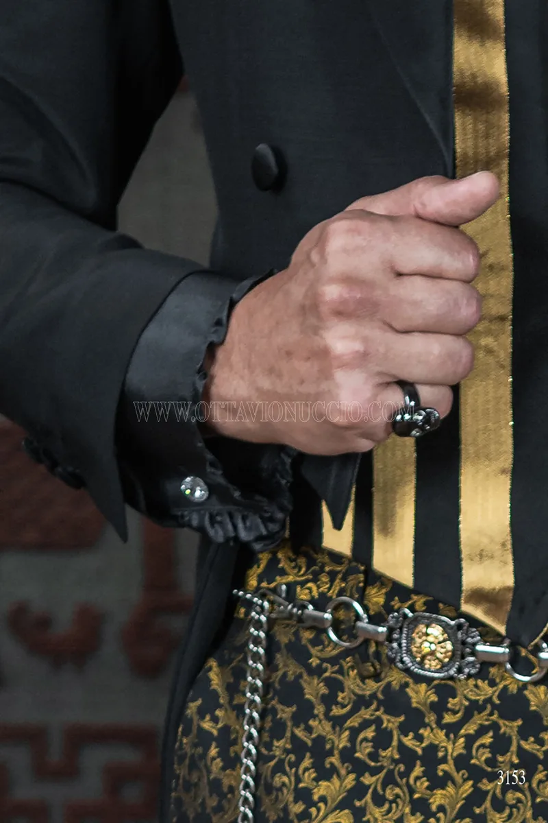 Men's black steampunk style groom tailcoat with black and gold damask trousers 8