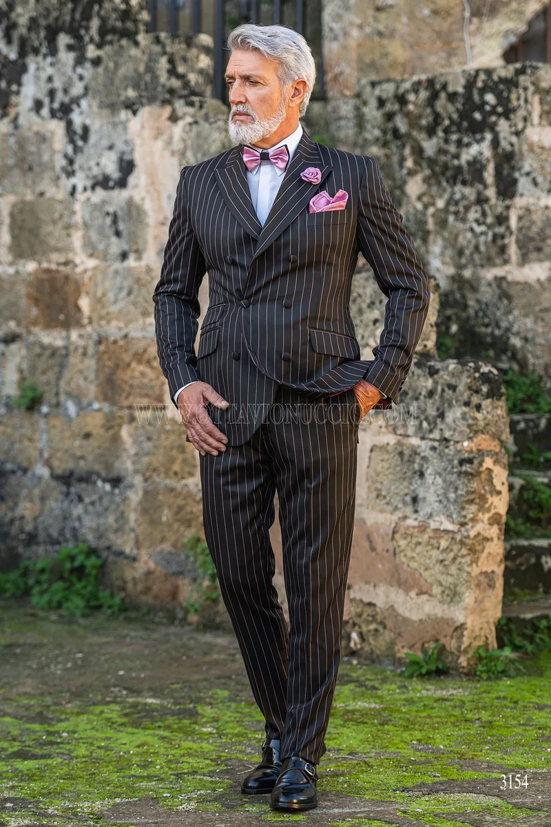 Smoking uomo sposo nero gessato rosa per matrimoni stile rock 2