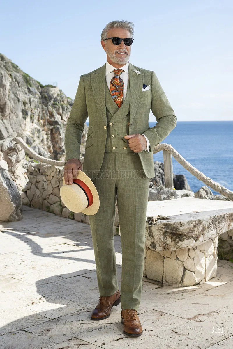 Suit Men's Three-Piece Summer - Olive Green with Melange Texture – Full-length view