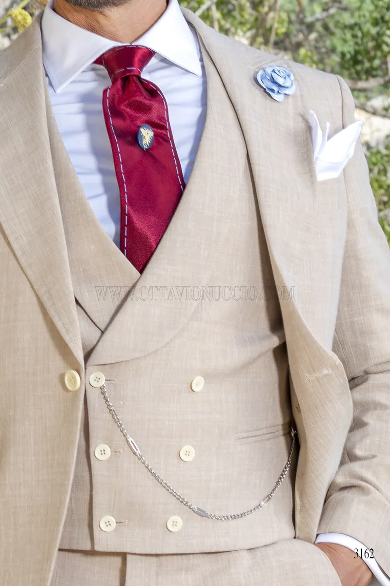 Dreiteiliger Herrenanzug in Schneiderqualität aus Leinenmischung – Sandbeige 3