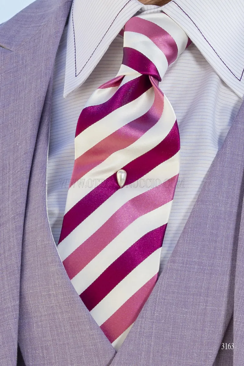 Cravatta regimental in seta bianco, rosa e fucsia