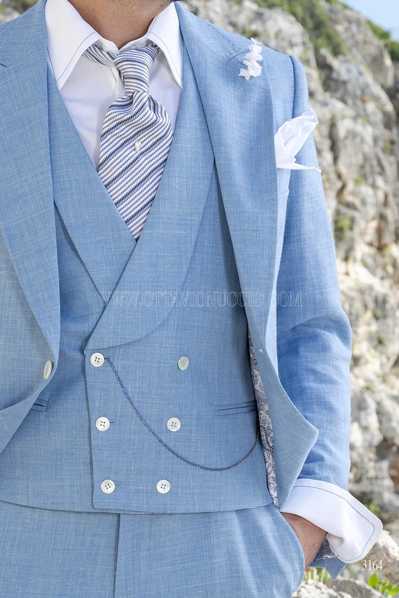 Gilet doppiopetto in misto lino celeste