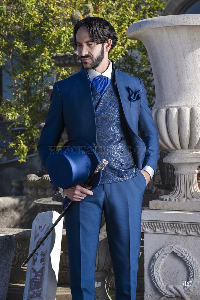 Abito Sposo Coreana Blu Royal con Gilet Damascato – Piano americano